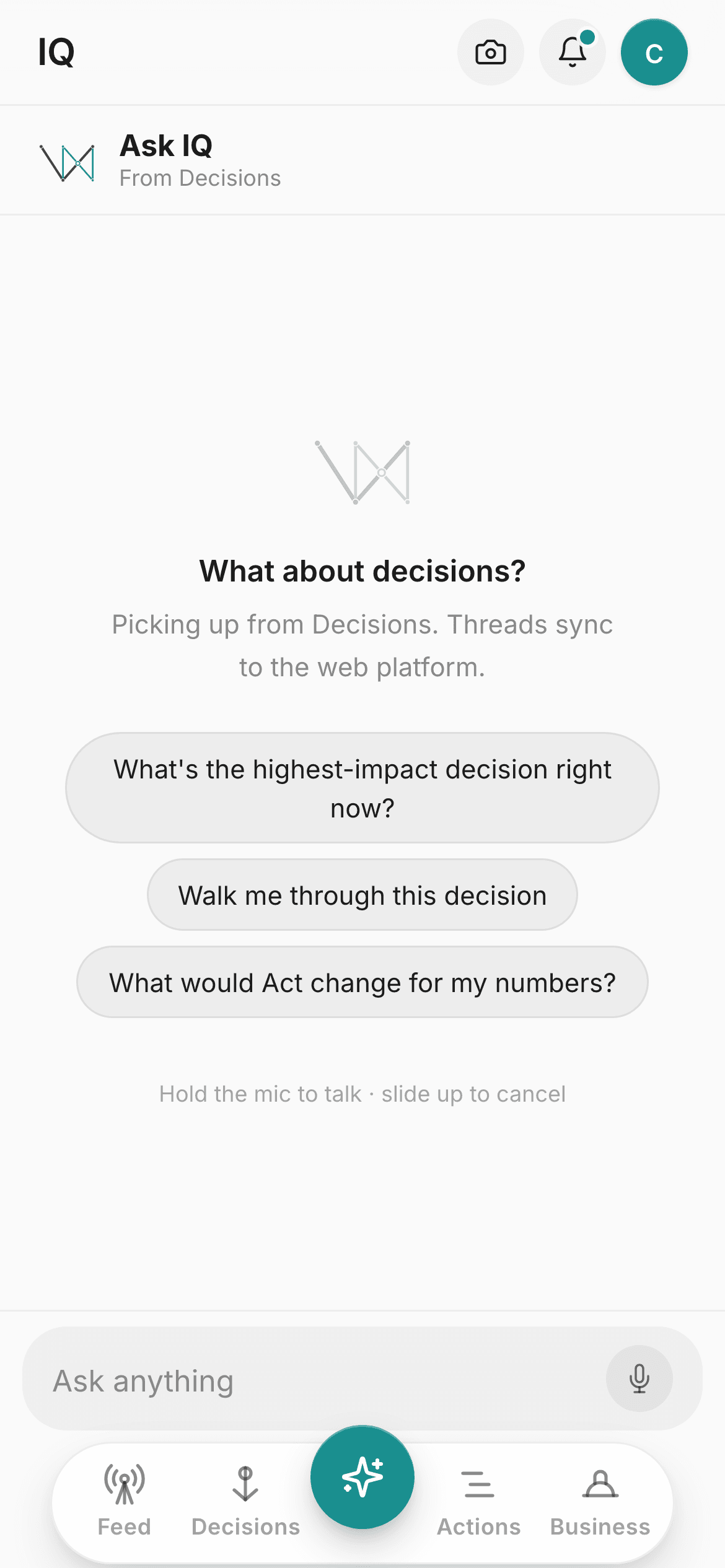 Ask IQ on the phone, with suggested questions and a hold-to-talk mic