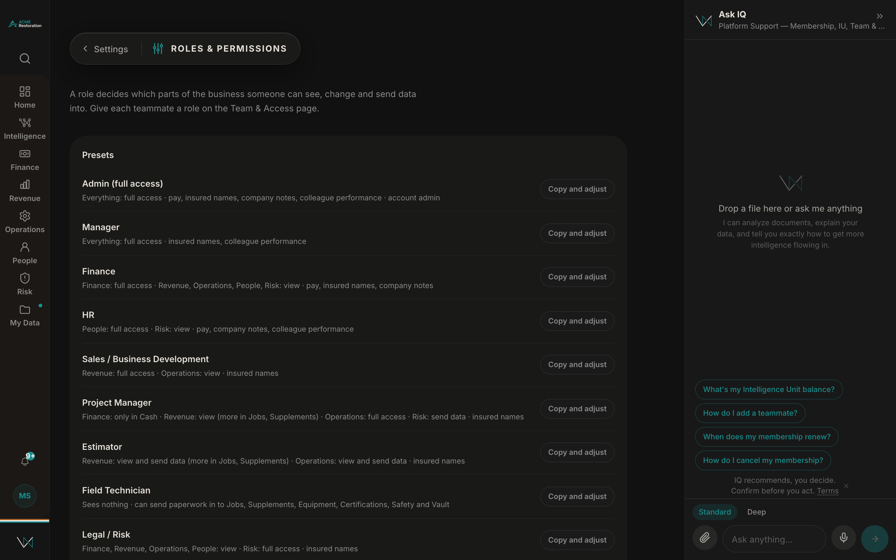 Roles and permissions: the presets, what each one sees, and Copy and adjust