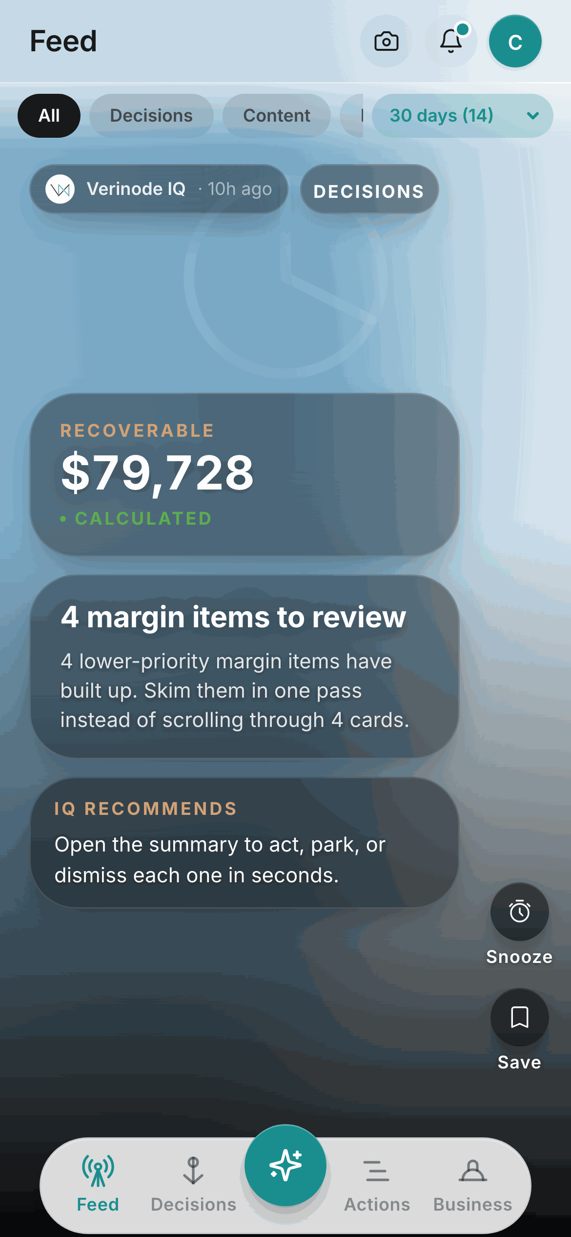 The morning deck on the phone: a recoverable $79,728, tagged Calculated